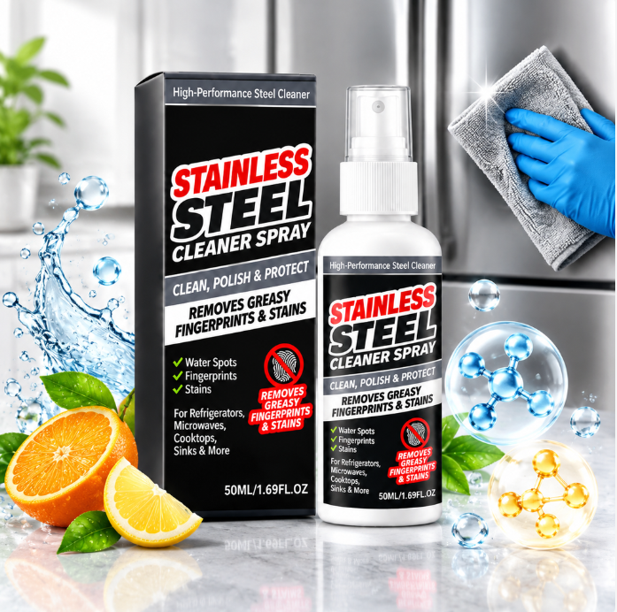 ✨ VELLORIIA® STAINLESS STEEL CLEANER &amp; POLISH SPRAY — WIPE AWAY GREASY FINGERPRINTS, WATER SPOTS &amp; EVERYDAY GRIME FOR A CLEANER, SLEEKER, POLISHED-LOOKING FINISH